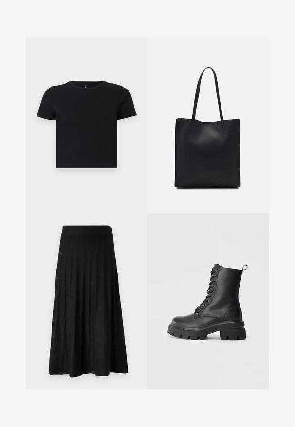 Čierne tričko s krátkym rukávom vyrobené z mäkkého bavlneného materiálu. Má okrúhly výstrih a priliehavý strih. Hladká textúra bez vzorov alebo akcentov.; Čierna skladaná sukňa vyrobená z mäkkej tkaniny, s rebrovaným pásom a splývavým dizajnom, ktorý siaha po stred lýtok.; Čierne kožené šnurovacie čižmy s robustnou podrážkou, zaoblenou špičkou a textúrovaným povrchom. Obsahujú kovové očká a malú pútko na zadnej strane.; Čierna kožená taška na rameno s hladkým povrchom, obdĺžnikovým tvarom a dvoma dlhými uchami. Bez viditeľného kovania alebo ozdôb.