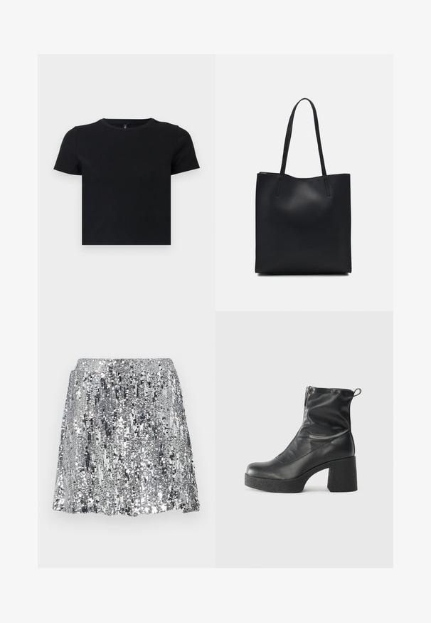 T-shirt nera a maniche corte realizzata in cotone morbido. Presenta un collo rotondo e un design aderente. Texture liscia senza motivi o dettagli.; JJXX JXTARA SEQUIN - Minigonna - silver; Stivali neri alla caviglia in pelle liscia, con zip laterale, tacco spesso e texture, e punta arrotondata.; Borsa tote in pelle nera con texture liscia, forma rettangolare e due manici lunghi. Nessun hardware o decorazione visibile.