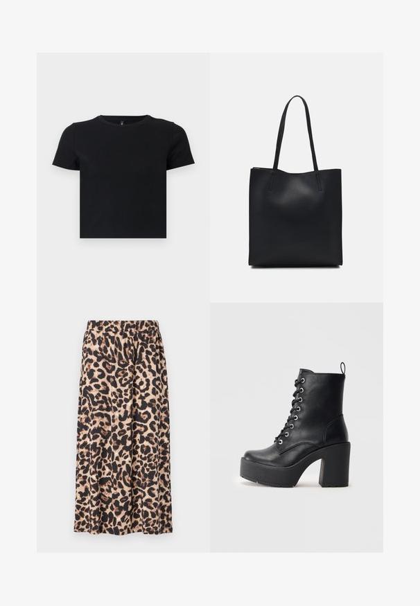 Sort t-shirt med korte ærmer lavet af blødt bomuld. Har en rund halskrave og en tætsiddende pasform. Glat tekstur uden mønstre eller detaljer.; Leopardmønstret nederdel i beige og sort, lavet af letvægtsstof. Har en elastisk talje og et strømmende A-line design.; Sort læder ankelstøvle med en kraftig blokhæl, snørebånd foran og struktureret overflade. Har en flap på bagsiden for nem påtagning.; Sort læder tote taske med glat tekstur, rektangulær form og to lange hanke. Ingen synlig hardware eller udsmykninger.