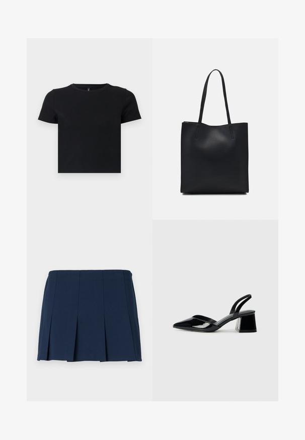 Schwarzes T-Shirt mit kurzen Ärmeln aus weicher Baumwolle. Hat einen runden Ausschnitt und ein tailliertes Design. Glatte Textur ohne Muster oder Akzente.; Marineblauer, gefalteter Minirock mit geradem Bund, aus glattem Stoff. Verfügt über vertikale Nähte entlang der Falten.; Schwarze Lackleder-Slingback-High Heels mit spitzem Schuh und einem geometrischen Blockabsatz. Verfügt über ein schlankes, minimalistisches Design und eine glatte Textur.; Schwarze Laptoptasche aus Leder mit glatter Textur, rechteckiger Form und zwei langen Griffen. Keine sichtbaren Beschläge oder Verzierungen.
