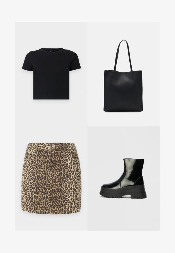 Camiseta negra de manga corta hecha de algodón suave. Presenta un escote redondo y un diseño ajustado. Textura lisa sin patrones ni acentos.; Minifalda de mezclilla con estampado de leopardo, diseño ceñido, cierre de botones y estilo de cinco bolsillos. Presenta una tela texturizada en tonos marrón y negro.; Botín negro brillante hasta el tobillo con suela gruesa y redondeada, vista lateral sobre un fondo gris claro liso.; Bolso tote de cuero negro con textura lisa, forma rectangular y dos asas largas. Sin herrajes ni adornos visibles.