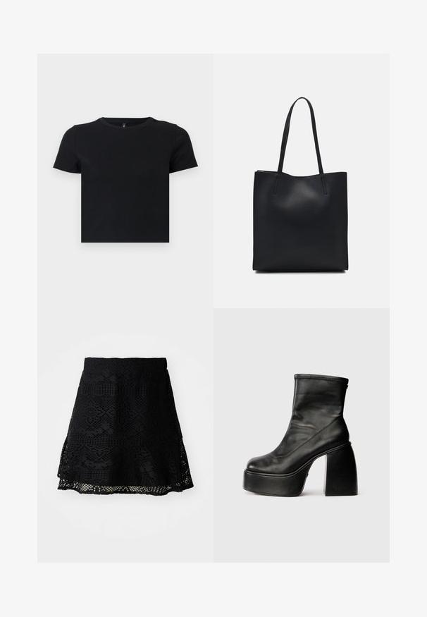 Melnas īsām piedurknēm T-krekls, kas izgatavots no mīkstas kokvilnas. Ievietota apaļa kakla izgriezums un pieguļošs dizains. Gluda tekstūra bez rakstiem vai akcensiem.; Melna mežģīņu svārki ar sarežģītiem ģeometriskiem rakstiem, paplašināts siluets un elastīga jostasvieta. Ir daudzslāņu apakšmala papildu dimensijai.; Melnas ādas potītes zābaki ar noapaļotu purngalu, gludu tekstūru un izteiktu kvadrātveida papēdi. Ar sānu rāvējslēdzēju. Minimalistisks dizains.; Melnas ādas somiņa ar gludu tekstūru, taisnstūra formu un divām garām rokturiem. Nav redzamu aparatūras vai rotājumu.