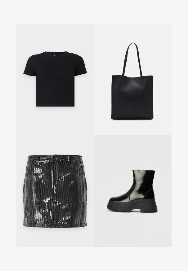 T-shirt preto de manga curta feito de algodão suave. Apresenta um decote redondo e um design ajustado. Textura suave sem padrões ou detalhes.; Saia mini preta em lantejoulas com um design ajustado, fecho de botão e uma textura brilhante que reflete a luz. Barra reta e bolsos funcionais.; Bota de tornozelo preta e brilhante com sola grossa e arredondada, vista lateral sobre fundo cinza claro.; Bolsa tote preta em couro com textura lisa, forma retangular e duas alças longas. Sem hardware ou enfeites visíveis.