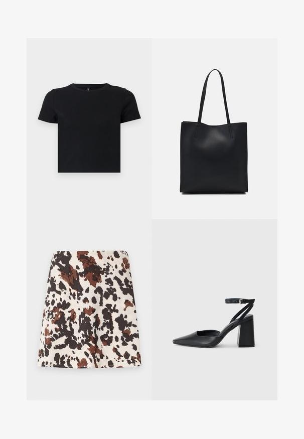 Crna majica s kratkim rukavima napravljena od mekanog pamuka. Ima okrugli izrez i pripijen kroj. Glatka tekstura bez uzoraka ili naglasaka.; Kratka suknja s uzorkom kravljeg uzorka u krem, smeđoj i crnoj boji. Izrađena od mekog materijala; ima ravni, uski kroj i blagi elastin.; Crne kožne cipele s špicastim vrhom, remenom oko gležnja i debelim potplatom. Ravna tekstura, elegantan dizajn i minimalistička estetika.; Crna kožna torba za nošenje s glatkom teksturom, pravokutnim oblikom i dvije duge ručke. Nema vidljivih metalnih dijelova ili ukrasa.