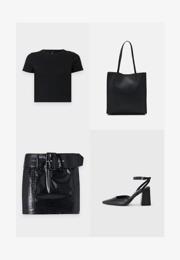 Fekete, rövid ujjú póló, puha pamutból készült. Kerek nyakkivágással és testhezálló kialakítással rendelkezik. Sima textúra, minta vagy díszítések nélkül.; Fekete műbőr mini szoknya krokodil mintával, széles öv négyzet alakú csattal és patentgomb részlettel a deréknál.; Fekete bőr, hegyes orrú magassarkú cipő boka pánttal és vastag sarokkal. Sima textúra, elegáns dizájn és minimális esztétika.; Fekete bőrtáska sima felszínnel, téglalap alakú, két hosszú füllel. Nincs látható fémkiegészítő vagy díszítés.