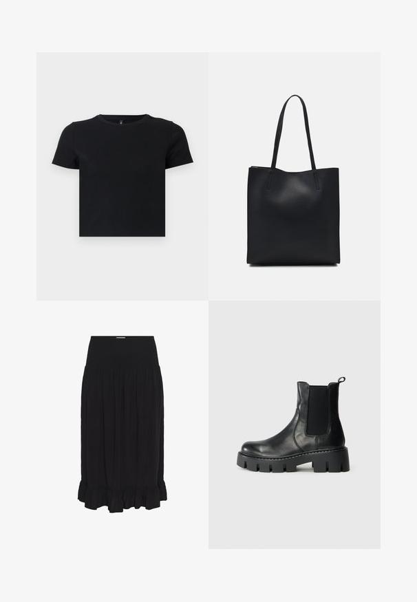 Black short-sleeve t-shirt made from soft cotton. Features a round neckline and a fitted design. Smooth texture without patterns or accents.; Black midi skirt with a smocked waistband, made of lightweight fabric, featuring pleats and a ruffled hem for added detail.; Black leather ankle boot with elastic side panels, thick lug sole, and pull tab on light gray background, side view.; Black leather tote bag with smooth texture, rectangular shape, and two long handles. No visible hardware or embellishments.
