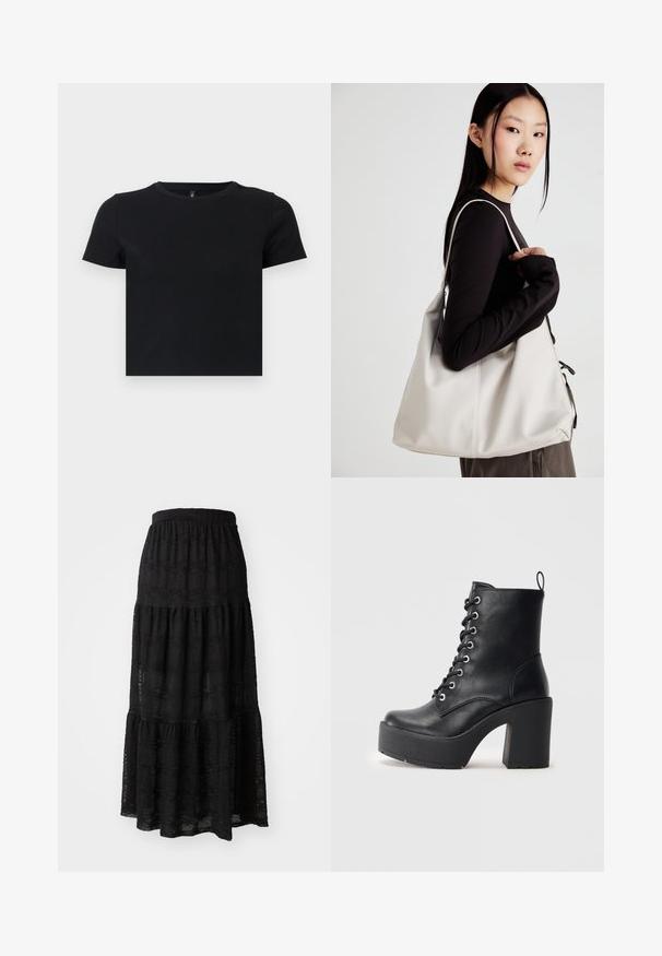 Sort t-shirt med korte ærmer lavet af blødt bomuld. Har en rund halskrave og en tætsiddende pasform. Glat tekstur uden mønstre eller detaljer.; Sort maxiskørt lavet af tekstureret stof, med et lagdelt design, sammensnørende talje og subtile bølkemønstre gennem hele.; Sort læder ankelstøvle med en kraftig blokhæl, snørebånd foran og struktureret overflade. Har en flap på bagsiden for nem påtagning.; Beige håndtaske lavet af blødt materiale med et slouchy design, stikninger og to skulderremme. Velegnet til daglig brug.