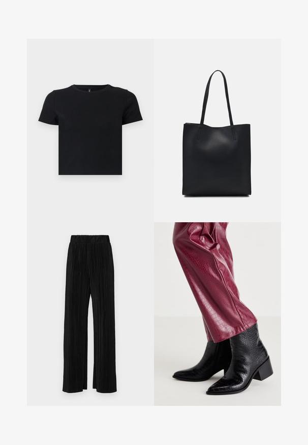 T-shirt noir à manches courtes en coton doux. Avec un col rond et un design ajusté. Texture lisse sans motifs ni détails.; Pantalons plissés noirs avec une taille élastique. Présente des jambes larges et un tissu lisse texturé avec des rayures verticales.; Bottes de cheville en cuir noir texturé avec un bout pointu et un faible talon carré, associées à un pantalon en faux cuir bordeaux ajusté présentant un motif crocodile.; Sac fourre-tout en cuir noir avec une texture lisse, de forme rectangulaire et deux longues poignées. Pas de matériel ou d'ornementations visibles.