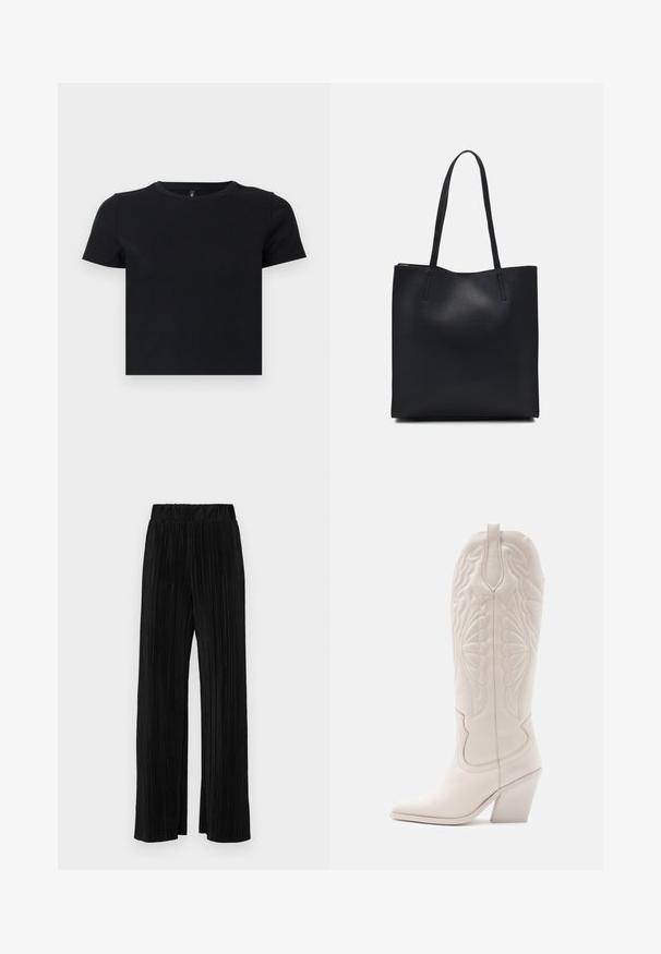 Must musta särk lühikeste varrukatega, valmistatud pehmest puuvillast. Omab ümarat kaelust ja kergelt liibuvat disaini. Sile tekstuur ilma mustrite või aksessuaarideta.; Mustad pleekitud püksid elastse vöökohtaga. Omavad laiad jalad ja sujuvat, tekstureeritud kangast vertikaalsete triipudega.; Valge nahast cowboy-s выпiş с заостреным varvastega ja plokknäheeliga. Omab keerukaid tikandimustreid varreosas ja siledat tekstuuri.; Mustast nahast kott sujuva tekstuuriga, ristkülikukujuline ja kahe pika sangaga. Pole nähtavat riistvara ega kaunistusi.