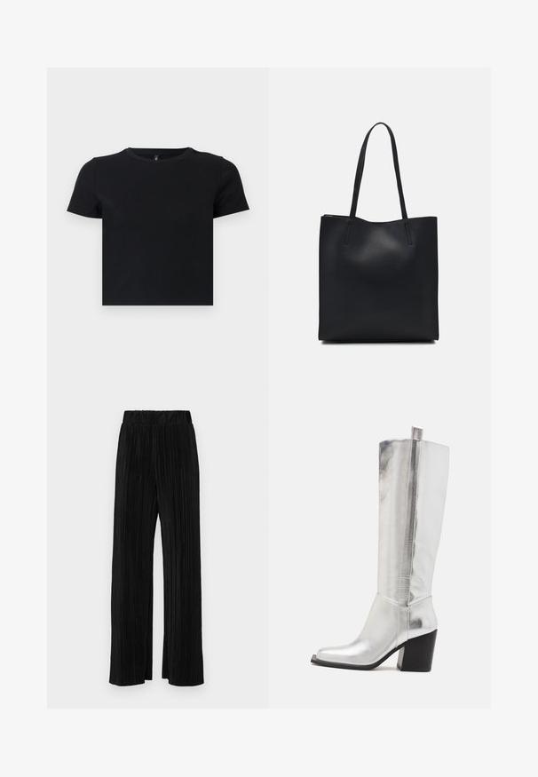 Camiseta negra de manga corta hecha de algodón suave. Presenta un escote redondo y un diseño ajustado. Textura lisa sin patrones ni acentos.; Pantalones negros de pliegues con una cintura elástica. Presentan piernas anchas y una tela suave y texturada con rayas verticales.; Botas de cuero plateadas hasta la rodilla con puntera cuadrada, acentuadas por un acabado metálico brillante y un robusto tacón cuadrado negro.; Bolso tote de cuero negro con textura lisa, forma rectangular y dos asas largas. Sin herrajes ni adornos visibles.