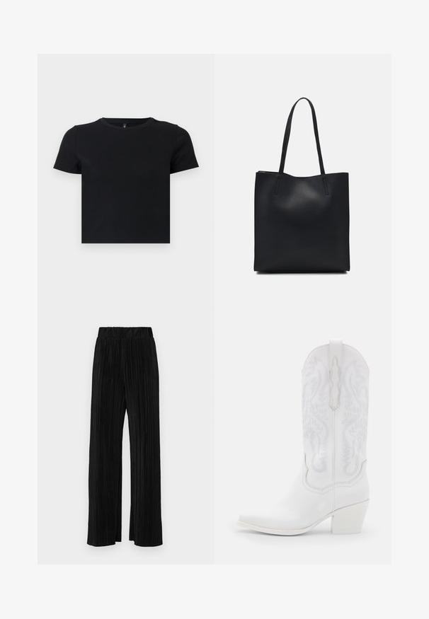 Black short-sleeve t-shirt made from soft cotton. Features a round neckline and a fitted design. Smooth texture without patterns or accents.; Black pleated trousers with an elastic waistband. Features wide legs and a smooth, textured fabric with vertical stripes.; Jeffrey Campbell DAGGET - Cowboy/Biker boots - white; Black leather tote bag with smooth texture, rectangular shape, and two long handles. No visible hardware or embellishments.