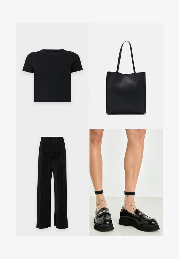 Černé tričko s krátkým rukávem vyrobené z jemné bavlny. Má kulatý výstřih a těsně přiléhající střih. Hladká textura bez vzorů nebo akcentů.; Černé plisované kalhoty s elastickým pasem. Mají široké nohavice a hladkou, strukturovanou tkaninu s vertikálními pruhy.; Černé lakované kožené mokasíny s masivní podrážkou, zdobené stříbrnou aplikací. V kombinaci s průhlednými ponožkami s puntíky.; Černá kožená taška přes rameno s hladkým povrchem, obdélníkovým tvarem a dvěma dlouhými uchy. Žádné viditelné kování ani ozdoby.