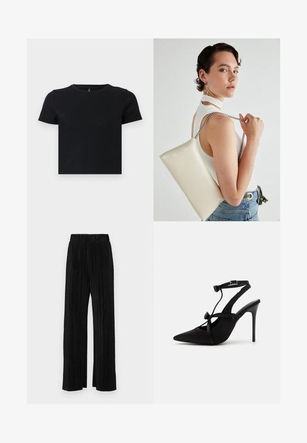 Tricou negru cu mânecă scurtă, fabricat din bumbac moale. Dispune de un guler rotund și un design ajustat. Textură netedă, fără modele sau accente.; Pantaloni negri plisati cu talie elastică. Prezintă picioare largi și un material neted, texturat, cu dungi verticale.; Pantofi cu toc înalt negri, cu vârf ascuțit, dintr-un material asemănător cu pielea, cu curea la glezna și design cu curele încrucișate. Textură netedă pe întreaga suprafață.; Geantă de clutch rectangulară albă, realizată dintr-un material lucios, având o curea de lanț argintie. Modelul pozează, evidențiind geanta pe un fundal simplu.