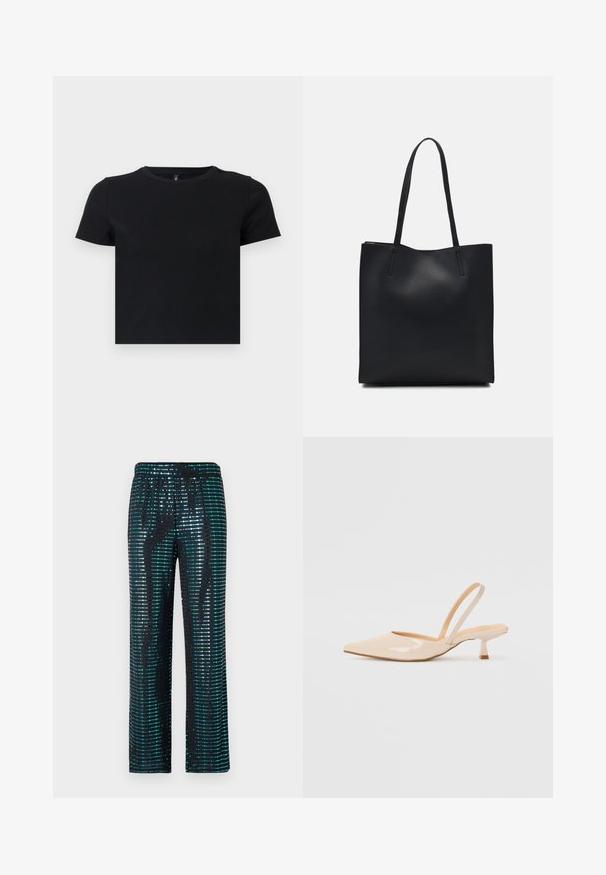 Czarny t-shirt z krótkim rękawem wykonany z miękkiej bawełny. Posiada okrągły dekolt i dopasowany krój. Gładka tekstura bez wzorów lub akcentów.; Czarne spodnie z cekinowym wzorem w odcieniach turkusu i srebra, o luźnym kroju i elastycznym pasie.; Beżowe lakierowane czółenka na odkrytej pięcie z zasunięciem, z ostrym noskiem i smukłym, kwadratowym obcasem. Gładka faktura i minimalistyczny design bez zdobień.; Czarna skórzana torba tote o gładkiej fakturze, prostokątnym kształcie i dwóch długich uchwytach. Brak widocznych elementów metalowych i ozdób.