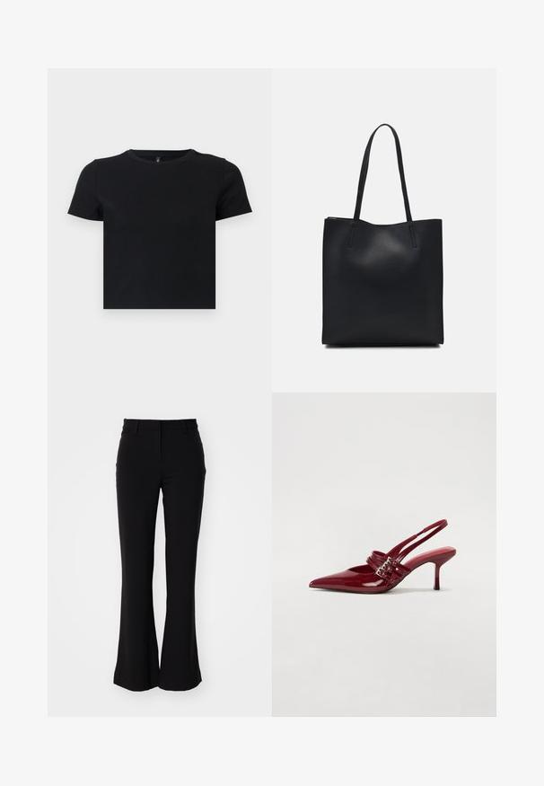 Schwarzes T-Shirt mit kurzen Ärmeln aus weicher Baumwolle. Hat einen runden Ausschnitt und ein tailliertes Design. Glatte Textur ohne Muster oder Akzente.; Schwarze, ausgestellte Hose aus glattem Material, mit einem mittelhohen Bund und seitlichen Taschen, die ein schlankes Design und eine maßgeschneiderte Passform zeigen.; Rote Lackleder Slingback-Absätze mit spitzem Zeh, zwei Schnallenriemen und einem schlanken, mittelhohen Stiletto-Absatz. Glatte Textur.; Schwarze Laptoptasche aus Leder mit glatter Textur, rechteckiger Form und zwei langen Griffen. Keine sichtbaren Beschläge oder Verzierungen.