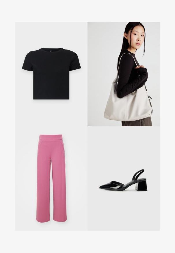 Črna majica s kratkimi rokavi, izdelana iz mehke bombažne tkanine. Ima okroglo ovratnico in oprijet kroj. Gladka tekstura brez vzorcev ali dodatkov.; Hlače širokega kroja v enotni roza barvi. Narejene iz gladkega materiala z elastičnim pasom in stranskimi žepi. Brez vidnih vzorcev ali kovinskih delov.; Črne lakirane slingback pete s koničastim nosom in geometrijsko blokasto peto. Imajo eleganten, minimalističen dizajn in gladko teksturo.; Bežna torbica iz mehkega materiala, z ohlapno zasnovo, šivi in dvema naramnicama. Primerna za vsakodnevno uporabo.