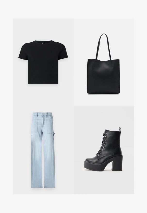 Crna majica s kratkim rukavima napravljena od mekanog pamuka. Ima okrugli izrez i pripijen kroj. Glatka tekstura bez uzoraka ili naglasaka.; Svijetloplave traper cargo hlače ravnog kroja, s prednjim i bočnim džepovima. Tkanina ima blagu izblijedjelu teksturu.; Crne kožne gležnjače s masivnom blok petom, vezanjem sprijeda i teksturiranom površinom. Imaju uzicu straga za lakše oblačenje.; Crna kožna torba za nošenje s glatkom teksturom, pravokutnim oblikom i dvije duge ručke. Nema vidljivih metalnih dijelova ili ukrasa.