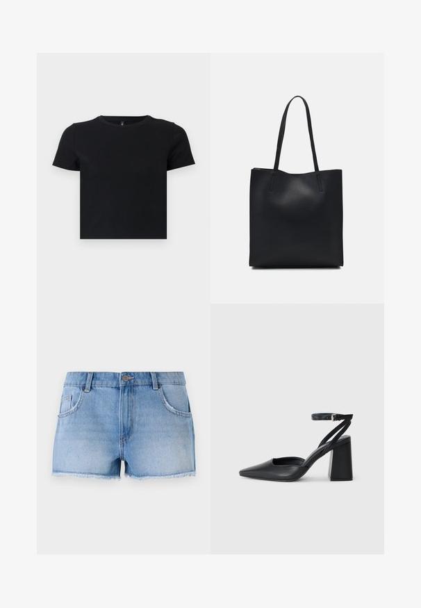 Melnas īsām piedurknēm T-krekls, kas izgatavots no mīkstas kokvilnas. Ievietota apaļa kakla izgriezums un pieguļošs dizains. Gluda tekstūra bez rakstiem vai akcensiem.; Gaiši zilie džinsu šorti ar saplēstu apakšmalu, pieciem kabatām un metāla pogu aizdari jostas vietā.; Melna ādas augstpapēžu kurpe ar norakstīto purngala formu, potītes siksniņu un masīlu papēdi. Gluda tekstūra, elegants dizains un minimālisma estētika.; Melnas ādas somiņa ar gludu tekstūru, taisnstūra formu un divām garām rokturiem. Nav redzamu aparatūras vai rotājumu.