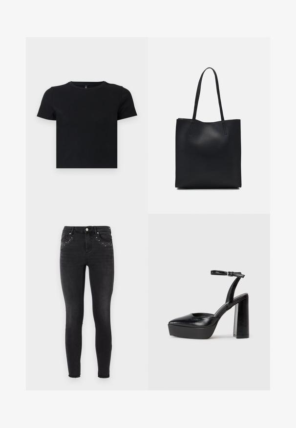 Fekete, rövid ujjú póló, puha pamutból készült. Kerek nyakkivágással és testhezálló kialakítással rendelkezik. Sima textúra, minta vagy díszítések nélkül.; Fekete, vékony farmernadrág enyhe fényesítéssel. Elöl zsebein szegecselt díszítéssel és a bokáknál rojtos szegéllyel rendelkezik.; Fekete platform magassarkú cipők hegyes orral és állítható bokapánttal. Sima bőrből készült, vastag talppal.; Fekete bőrtáska sima felszínnel, téglalap alakú, két hosszú füllel. Nincs látható fémkiegészítő vagy díszítés.