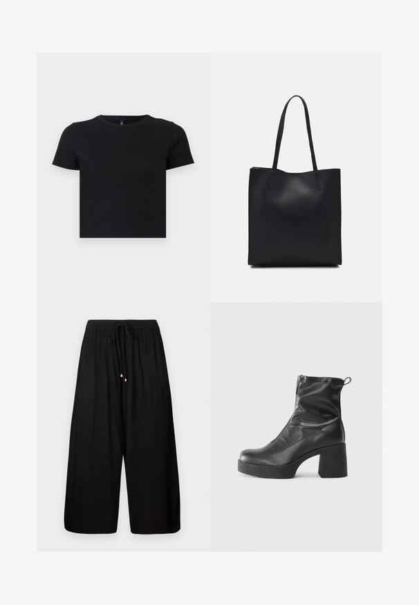 Must musta särk lühikeste varrukatega, valmistatud pehmest puuvillast. Omab ümarat kaelust ja kergelt liibuvat disaini. Sile tekstuur ilma mustrite või aksessuaarideta.; Mustad laiad püksid, mis on valmistatud tekstuuriga kangast. Omab elastset vöökohta koos nööriga ja kuldse tooni aktsente otstes.; Mustad mustad ansapüksid, mis on valmistatud siledast nahast, külje zipperiga, paksu tekstuuriga kontsaga ja ümmarguse nina disainiga.; Mustast nahast kott sujuva tekstuuriga, ristkülikukujuline ja kahe pika sangaga. Pole nähtavat riistvara ega kaunistusi.