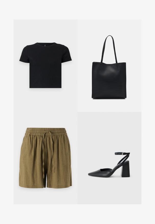 T-shirt nera a maniche corte realizzata in cotone morbido. Presenta un collo rotondo e un design aderente. Texture liscia senza motivi o dettagli.; Shorts verde oliva da indossare, realizzati in tessuto leggero, con vita elasticizzata e cordino, dal taglio rilassato e comodo.; Pump in pelle nera con punta affusolata, cinturino alla caviglia e tacco spesso. Texture piatta, design elegante ed estetica minimalista.; Borsa tote in pelle nera con texture liscia, forma rettangolare e due manici lunghi. Nessun hardware o decorazione visibile.