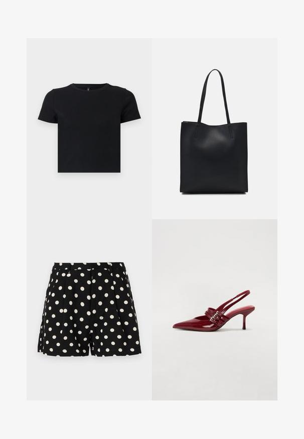 Tricou negru cu mânecă scurtă, fabricat din bumbac moale. Dispune de un guler rotund și un design ajustat. Textură netedă, fără modele sau accente.; Pantaloni scurți negri cu buline albe, având pliuri în față și buzunare laterale. Realizați dintr-un material ușor.; Pantofi cu toc slingback din piele roșie lacuită, cu vârf ascutit, două curele cu cataramă și un toc subțire, de înălțime medie. Textură netedă.; Geantă tote neagră din piele, cu textură netedă, formă rectangulară și două mânere lungi. Fără hardware vizibil sau ornamente.