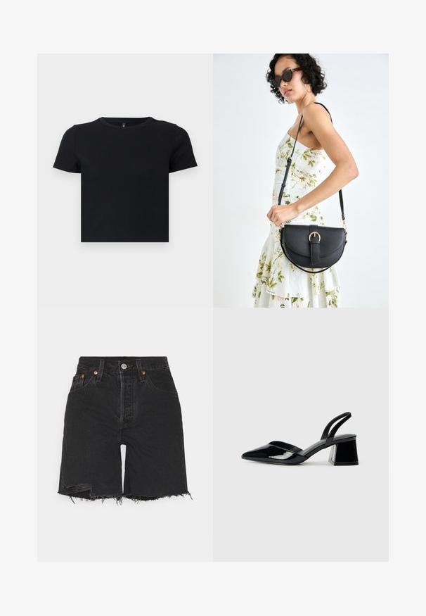 Crna majica s kratkim rukavima napravljena od mekanog pamuka. Ima okrugli izrez i pripijen kroj. Glatka tekstura bez uzoraka ili naglasaka.; Crne traperice kratke hlače visokog struka, s sirovim rubom i istrošenim detaljima. Uključuje pet džepova i metalnu kopču.; Crne lakirane kožne sandale s otvorenom petom i špicastim vrhom, s geometrijskom blok petom. Imaju elegantan, minimalistički dizajn i glatku teksturu.; Crna kožna torba s lukovitim oblikom, odvojivim remenom i zlatnim detaljima. Torba ima preklop s kopčom.