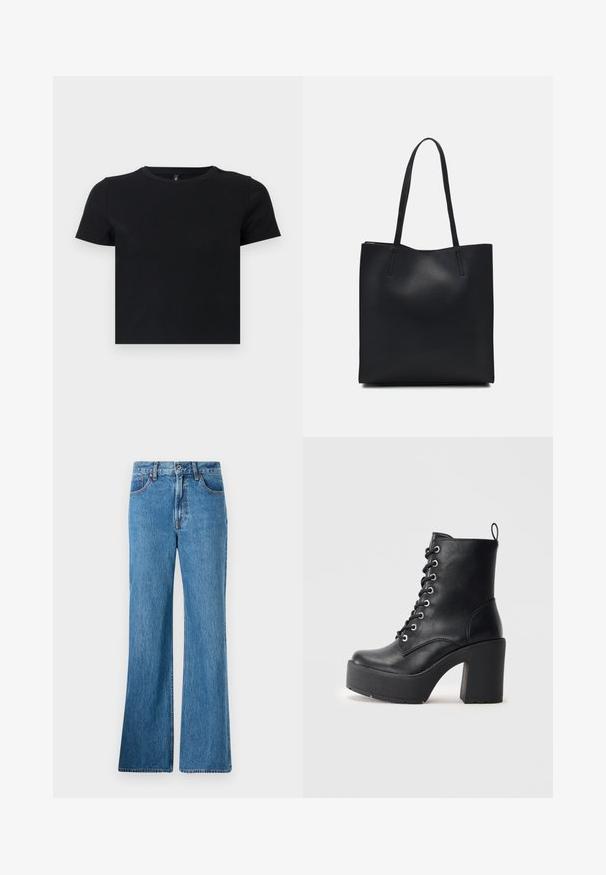 Black short-sleeve t-shirt made from soft cotton. Features a round neckline and a fitted design. Smooth texture without patterns or accents.; Light blue denim flared jeans feature a high waist, front pockets, and classic stitching. The fabric has a textured finish.; Black leather ankle boot with a chunky block heel, lace-up front, and textured surface. Features a tab on the back for easy wear.; Black leather tote bag with smooth texture, rectangular shape, and two long handles. No visible hardware or embellishments.