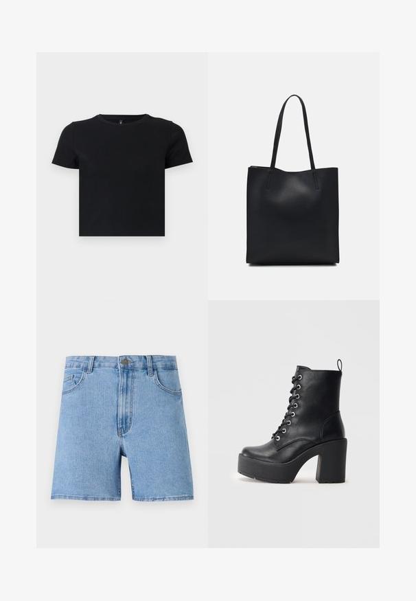 Melnas īsām piedurknēm T-krekls, kas izgatavots no mīkstas kokvilnas. Ievietota apaļa kakla izgriezums un pieguļošs dizains. Gluda tekstūra bez rakstiem vai akcensiem.; Gai zila džinsu šorti ar augstu jostu, piecām kabatām un vienu metālu pogu priekšā. Gluda tekstūra, taisna forma.; Melnas ādas potītes zābaki ar masīvu blokveida papēdi, auklu aizdari un teksturētu virsmu. Iekļauts aizmugurē esošs cilpiņas elements vieglai uzvilkšanai.; Melnas ādas somiņa ar gludu tekstūru, taisnstūra formu un divām garām rokturiem. Nav redzamu aparatūras vai rotājumu.