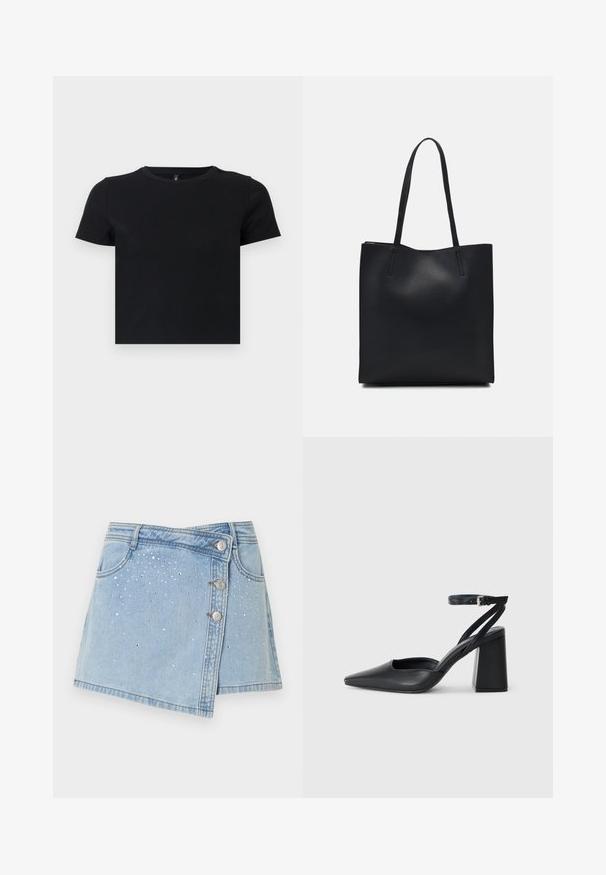 T-shirt noir à manches courtes en coton doux. Avec un col rond et un design ajusté. Texture lisse sans motifs ni détails.; Jupe en denim bleu clair, avec un design enroulé, de multiples boutons en argent et des clous décoratifs en argent disposés en motif dégradé.; Escarpin noir en cuir à bout pointu avec une bride de cheville et un talon épais. Texture lisse, design élégant et esthétique minimaliste.; Sac fourre-tout en cuir noir avec une texture lisse, de forme rectangulaire et deux longues poignées. Pas de matériel ou d'ornementations visibles.