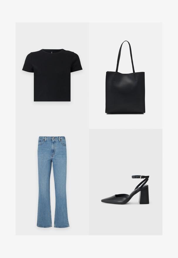 T-shirt noir à manches courtes en coton doux. Avec un col rond et un design ajusté. Texture lisse sans motifs ni détails.; Jean en denim bleu clair évasés avec une taille haute, comportant cinq poches, des passants de ceinture et une finition délavée.; Escarpin noir en cuir à bout pointu avec une bride de cheville et un talon épais. Texture lisse, design élégant et esthétique minimaliste.; Sac fourre-tout en cuir noir avec une texture lisse, de forme rectangulaire et deux longues poignées. Pas de matériel ou d'ornementations visibles.