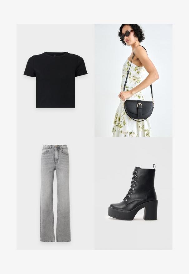 T-shirt preto de manga curta feito de algodão suave. Apresenta um decote redondo e um design ajustado. Textura suave sem padrões ou detalhes.; Jeans de ganga cinza desbotados de perna reta com fecho de botão e zip, bolsos frontais e passantes para cinto em fundo branco.; Botim de pele preta até ao tornozelo com um salto bloco chunky, frente com atacadores e superfície texturizada. Apresenta uma lingueta na parte de trás para um uso fácil.; Bolsa de couro preta com forma curva, alça destacável e detalhes em dourado. A bolsa possui uma aba com detalhe de fivela.