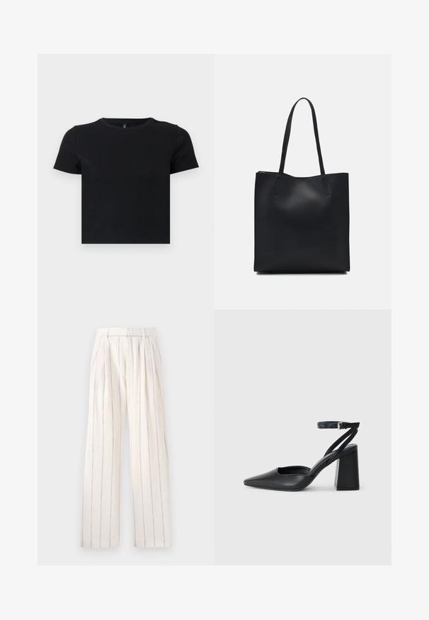 Black short-sleeve t-shirt made from soft cotton. Features a round neckline and a fitted design. Smooth texture without patterns or accents.; Pleated wide-leg trousers in off-white fabric with narrow vertical gray stripes. Features a fitted waist and a relaxed fit through the legs.; Black leather pointy-toe pump with an ankle strap and a chunky heel. Flat texture, sleek design, and minimalistic aesthetics.; Black leather tote bag with smooth texture, rectangular shape, and two long handles. No visible hardware or embellishments.