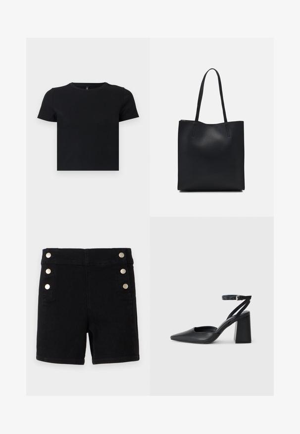 Črna majica s kratkimi rokavi, izdelana iz mehke bombažne tkanine. Ima okroglo ovratnico in oprijet kroj. Gladka tekstura brez vzorcev ali dodatkov.; Črne jeans kratke hlače z visokim pasom, opremljene z zlatimi gumbi ob strani, zasnova s petimi žepi in ravnim krojem na robu.; Črne usnjene klasične čevlje z ostrim nosom, z zaponko za gleženj in debelim peto. Ravna tekstura, eleganten dizajn in minimalistična estetika.; Črna usnjena torba s svilnato teksturo, pravokotne oblike in dvema dolgima ročajema. Brez vidnih metalnih delov ali okrasnih elementov.