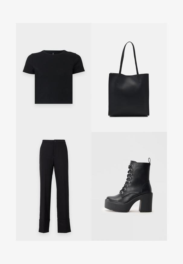 Tricou negru cu mânecă scurtă, fabricat din bumbac moale. Dispune de un guler rotund și un design ajustat. Textură netedă, fără modele sau accente.; Pantaloni negri cu picior drept, cu închidere prin buton și tiv pliat, realizați dintr-un material neted cu un finisaj mat. Design ajustat.; Cizmă din piele neagră până la gleznă, cu toc chunky și un aspect texturat, având sistem de prindere cu șireturi în partea din față. Include o bandă în spate pentru o purtare ușoară.; Geantă tote neagră din piele, cu textură netedă, formă rectangulară și două mânere lungi. Fără hardware vizibil sau ornamente.