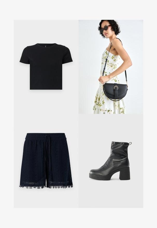 Schwarzes T-Shirt mit kurzen Ärmeln aus weicher Baumwolle. Hat einen runden Ausschnitt und ein tailliertes Design. Glatte Textur ohne Muster oder Akzente.; Marineblaue Shorts aus gehäkeltem Stoff mit einem strukturierten Muster und Spitze am Saum. Elastischer Bund mit Kordelzug.; Schwarze Stiefeletten aus glattem Leder mit seitlichem Reißverschluss, klobigem strukturiertem Absatz und runder Zehenform.; Schwarze Lederhandtasche mit geschwungener Form, abnehmbarem Tragegurt und goldenen Beschlägen. Die Tasche verfügt über einen Deckel mit einer Schnallen-Details.