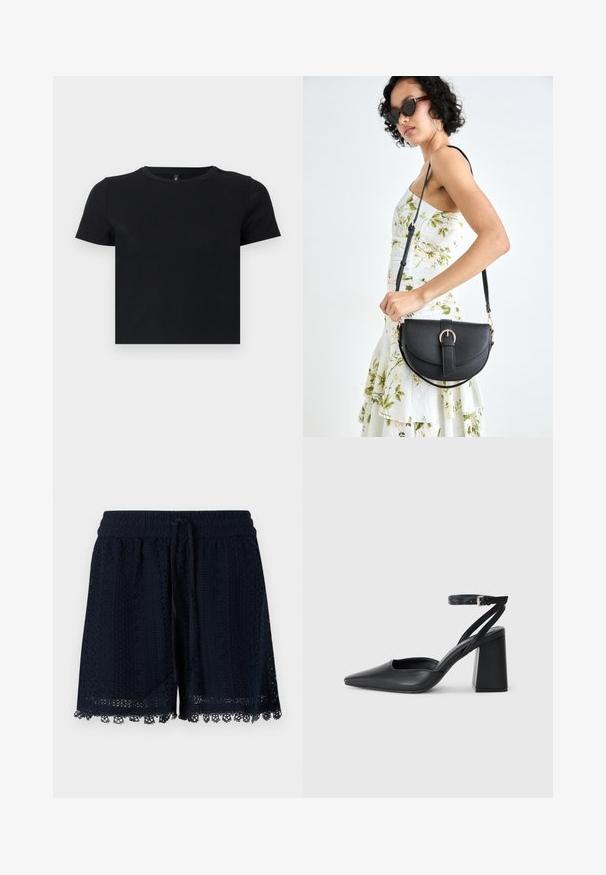 T-shirt nera a maniche corte realizzata in cotone morbido. Presenta un collo rotondo e un design aderente. Texture liscia senza motivi o dettagli.; Shorts blu navy realizzati in tessuto all'uncinetto con un motivo testurizzato e pizzo lungo l'orlo. Vita elastica con cordoncino.; Pump in pelle nera con punta affusolata, cinturino alla caviglia e tacco spesso. Texture piatta, design elegante ed estetica minimalista.; Borsa a tracolla nera in pelle con una forma curva, manico rimovibile e accessori dorati. La borsa presenta una patta con un dettaglio a fibbia.