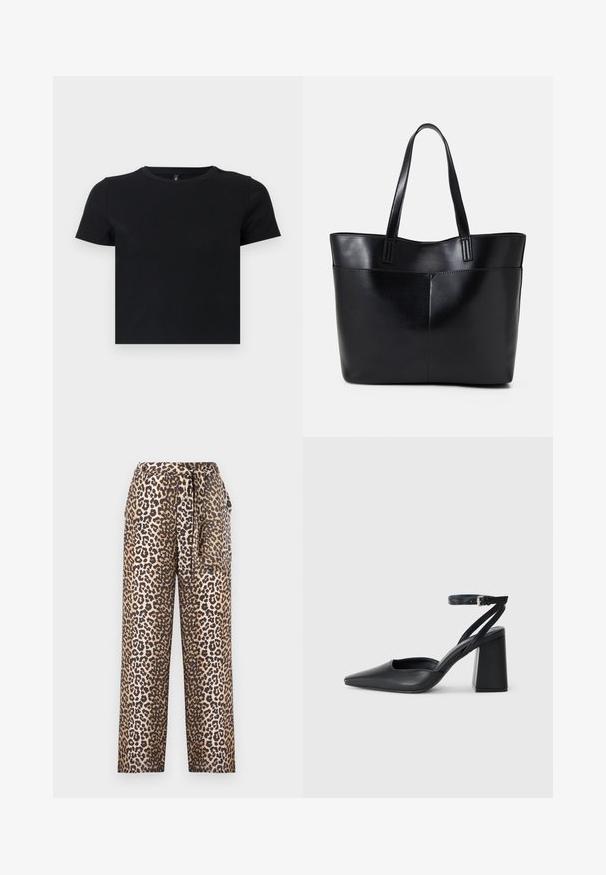 Črna majica s kratkimi rokavi, izdelana iz mehke bombažne tkanine. Ima okroglo ovratnico in oprijet kroj. Gladka tekstura brez vzorcev ali dodatkov.; Pantaloni širokega kroja z leopardjim natisom v mehkem materialu, z detajlom vezanega pasu in gladko teksturo. Barvna paleta vključuje bež in črno.; Črne usnjene klasične čevlje z ostrim nosom, z zaponko za gleženj in debelim peto. Ravna tekstura, eleganten dizajn in minimalistična estetika.; Črna usnjena torba z dvema dolgima ročajema, gladko teksturo in strukturirano obliko. Ima sprednji žep za dodatno shranjevanje.