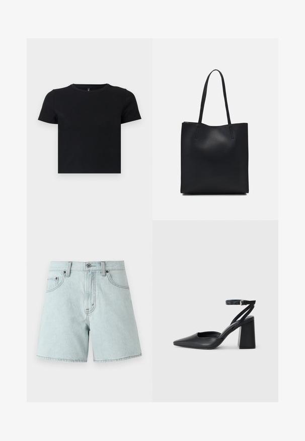 Juoda trumpomis rankovėmis marškinėliai, pagaminti iš švelnios medvilnės. Turi apvalų kaklą ir prigludusį dizainą. Lygi tekstūra be raštų ar akcentų.; Šviesiai mėlynos džinsinės šortai su aukštu liemeniu, turintys dvi priekinės kišenes, mygtuko užsegimą ir šonines siūles.; Juoda odinė smailiagalė aukštakulnio bateliai su kulkšnies dirželiu ir storu kulnu. Lygus paviršius, elegantiškas dizainas ir minimalistiška estetinė. ; Juodas odinis tote krepšys su lygia tekstūra, stačiakampio formos ir dviem ilgais rankenomis. Matomų metalinių detalių ar puošybos nėra.