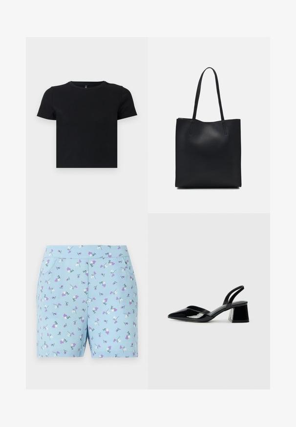 Μαύρο κοντομάνικο μπλουζάκι φτιαγμένο από μαλακό βαμβάκι. Διαθέτει στρογγυλή λαιμόκοψη και εφαρμοστή σχεδίαση. Λείος υφασμάτινος ιστός χωρίς μοτίβα ή αξεσουάρ.; Μπλε σορτς από μαλακό υλικό, με λουλουδένιο σχέδιο που περιλαμβάνει λευκά και μωβ λουλούδια, και πλαϊνές τσέπες. Σχεδιασμένα για άνεση και στυλ.; Μαύρα πατεντέ δερμάτινα γοβάκια slingback με μυτερή μύτη και γεωμετρικό τακούνι. Έχουν κομψό, μινιμαλιστικό σχέδιο και λεία υφή.; Μαύρη δερμάτινη τσάντα tote με λείο υφή, ορθογώνιο σχήμα και δύο μακριές λαβές. Χωρίς ορατό υλικό ή διακοσμητικά στοιχεία.