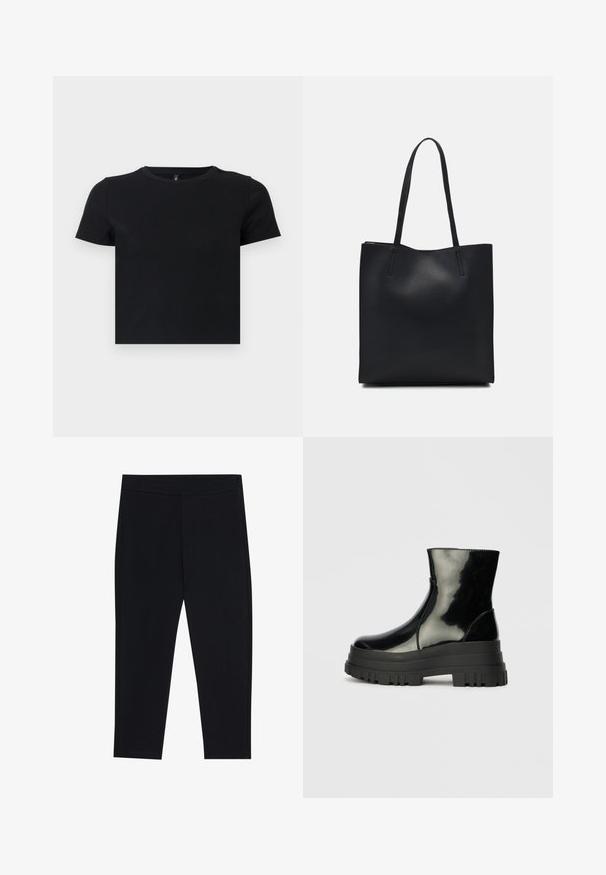 T-shirt preto de manga curta feito de algodão suave. Apresenta um decote redondo e um design ajustado. Textura suave sem padrões ou detalhes.; Leggings pretas feitos de um tecido elástico, apresentando uma banda elástica na cintura e uma textura suave. Sem padrões visíveis ou detalhes em metal.; Bota de tornozelo preta e brilhante com sola grossa e arredondada, vista lateral sobre fundo cinza claro.; Bolsa tote preta em couro com textura lisa, forma retangular e duas alças longas. Sem hardware ou enfeites visíveis.