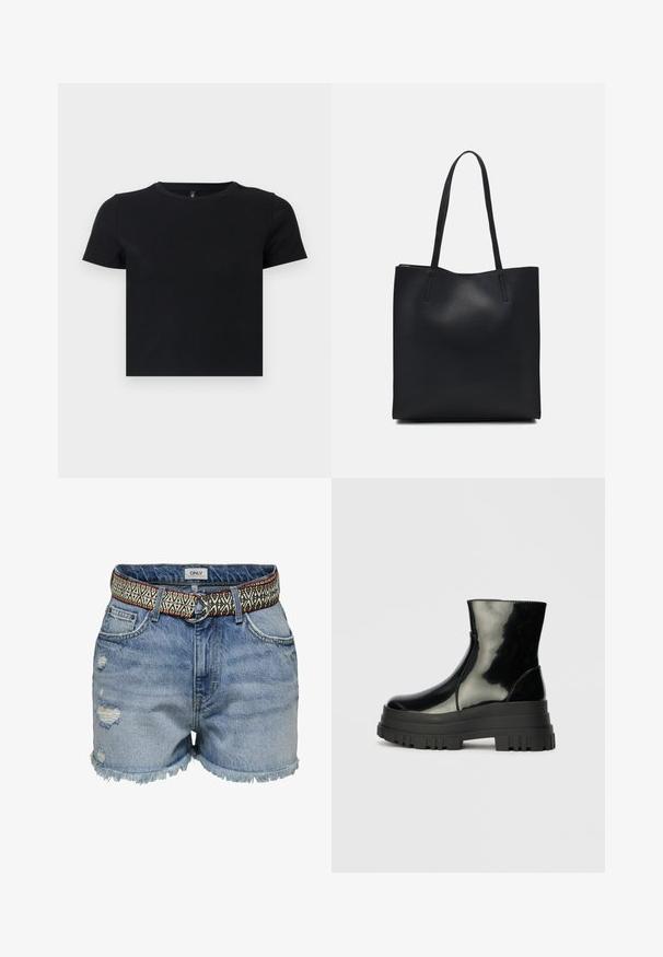 Melnas īsām piedurknēm T-krekls, kas izgatavots no mīkstas kokvilnas. Ievietota apaļa kakla izgriezums un pieguļošs dizains. Gluda tekstūra bez rakstiem vai akcensiem.; ONLY Džinsa auduma šorti - medium blue denim; Melnas spīdīgas potītes zābaki ar biezu zoli un noapaļotu purngalu, sānu skats uz vienkārša gaiši pelēka fona.; Melnas ādas somiņa ar gludu tekstūru, taisnstūra formu un divām garām rokturiem. Nav redzamu aparatūras vai rotājumu.