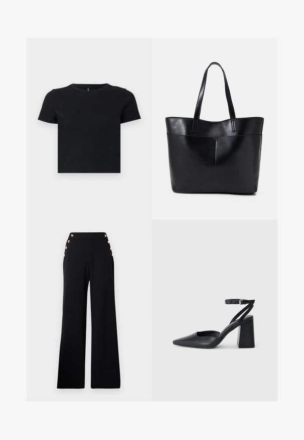 Melnas īsām piedurknēm T-krekls, kas izgatavots no mīkstas kokvilnas. Ievietota apaļa kakla izgriezums un pieguļošs dizains. Gluda tekstūra bez rakstiem vai akcensiem.; Melnas augstās vidukļa platās bikses ar zeltītām pogām gar priekšpusi un kabatām abās gurnu pusēs uz balta fona.; Melna ādas augstpapēžu kurpe ar norakstīto purngala formu, potītes siksniņu un masīlu papēdi. Gluda tekstūra, elegants dizains un minimālisma estētika.; Melnas ādas iepirkumu soma ar divām garām rokturām, gludu tekstūru un strukturētu formu. Iekļauj priekšējo kabatu papildu uzglabāšanai.