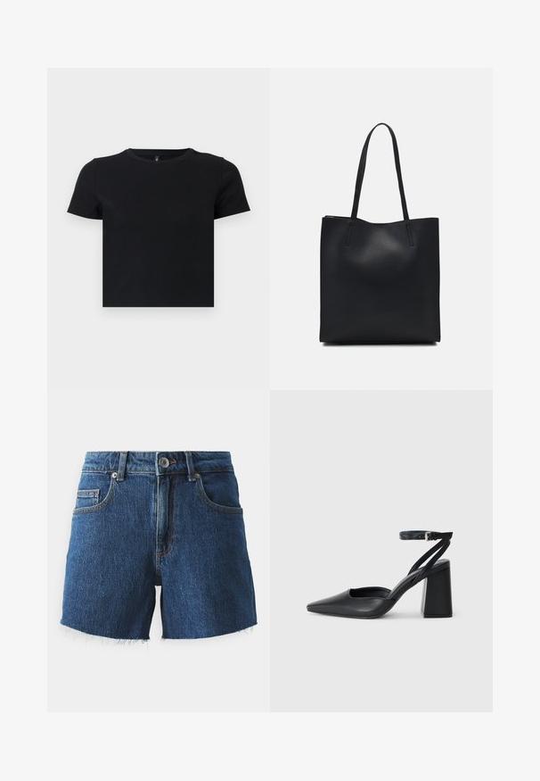 T-shirt preto de manga curta feito de algodão suave. Apresenta um decote redondo e um design ajustado. Textura suave sem padrões ou detalhes.; Calções de ganga em azul-escuro com bainha desfiada, apresentando um fecho frontal por botão, passadores para cinto e dois bolsos frontais. Textura suave.; Sandal com biqueira afilada em couro preto, com cinta no tornozelo e salto grosso. Textura lisa, design elegante e estética minimalista.; Bolsa tote preta em couro com textura lisa, forma retangular e duas alças longas. Sem hardware ou enfeites visíveis.