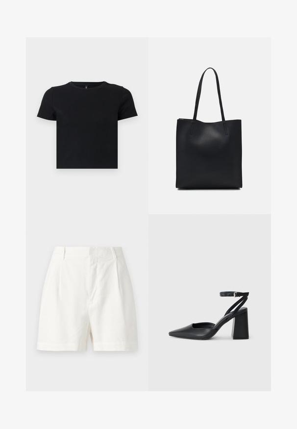 Crna majica s kratkim rukavima napravljena od mekanog pamuka. Ima okrugli izrez i pripijen kroj. Glatka tekstura bez uzoraka ili naglasaka.; Bijele platnene kratke hlače s krojem u obliku odijela, prednjim nabora i glatkom teksturom. Dizajn uključuje pojas srednje visine i bočne džepove.; Crne kožne cipele s špicastim vrhom, remenom oko gležnja i debelim potplatom. Ravna tekstura, elegantan dizajn i minimalistička estetika.; Crna kožna torba za nošenje s glatkom teksturom, pravokutnim oblikom i dvije duge ručke. Nema vidljivih metalnih dijelova ili ukrasa.