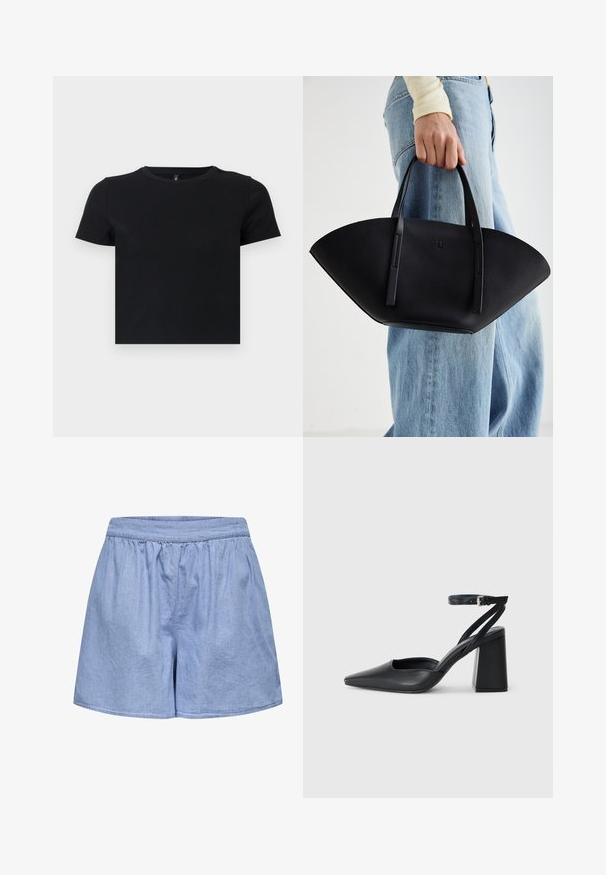 T-shirt preto de manga curta feito de algodão suave. Apresenta um decote redondo e um design ajustado. Textura suave sem padrões ou detalhes.; Calções azul chambray com cós elástico, ajustados de forma solta e textura suave; bordas com bainha e detalhes franzidos na cintura.; Sandal com biqueira afilada em couro preto, com cinta no tornozelo e salto grosso. Textura lisa, design elegante e estética minimalista.; Bolsa de mão em couro preto com uma forma única em leque, apresentando alças planas. A superfície tem uma textura pebble e um design minimalista.