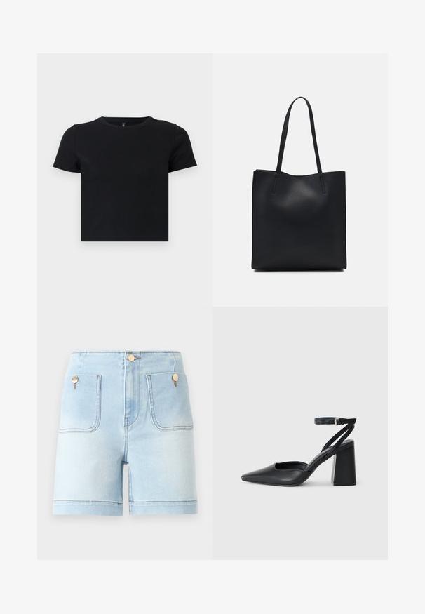 Crna majica s kratkim rukavima napravljena od mekanog pamuka. Ima okrugli izrez i pripijen kroj. Glatka tekstura bez uzoraka ili naglasaka.; Svijetloplave traper kratke hlače s visokim strukom, s dva prednja džepa, zlatnim detaljima i čistim rubom.; Crne kožne cipele s špicastim vrhom, remenom oko gležnja i debelim potplatom. Ravna tekstura, elegantan dizajn i minimalistička estetika.; Crna kožna torba za nošenje s glatkom teksturom, pravokutnim oblikom i dvije duge ručke. Nema vidljivih metalnih dijelova ili ukrasa.
