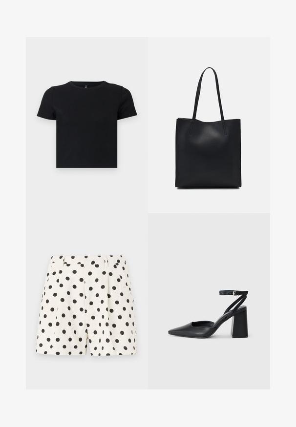 Fekete, rövid ujjú póló, puha pamutból készült. Kerek nyakkivágással és testhezálló kialakítással rendelkezik. Sima textúra, minta vagy díszítések nélkül.; Fehér vászon rövidnadrág fekete pöttyös mintával. Ráncokkal és oldalsó zsebekkel rendelkezik. Illeszkedő derék, letisztult kivitelben.; Fekete bőr, hegyes orrú magassarkú cipő boka pánttal és vastag sarokkal. Sima textúra, elegáns dizájn és minimális esztétika.; Fekete bőrtáska sima felszínnel, téglalap alakú, két hosszú füllel. Nincs látható fémkiegészítő vagy díszítés.