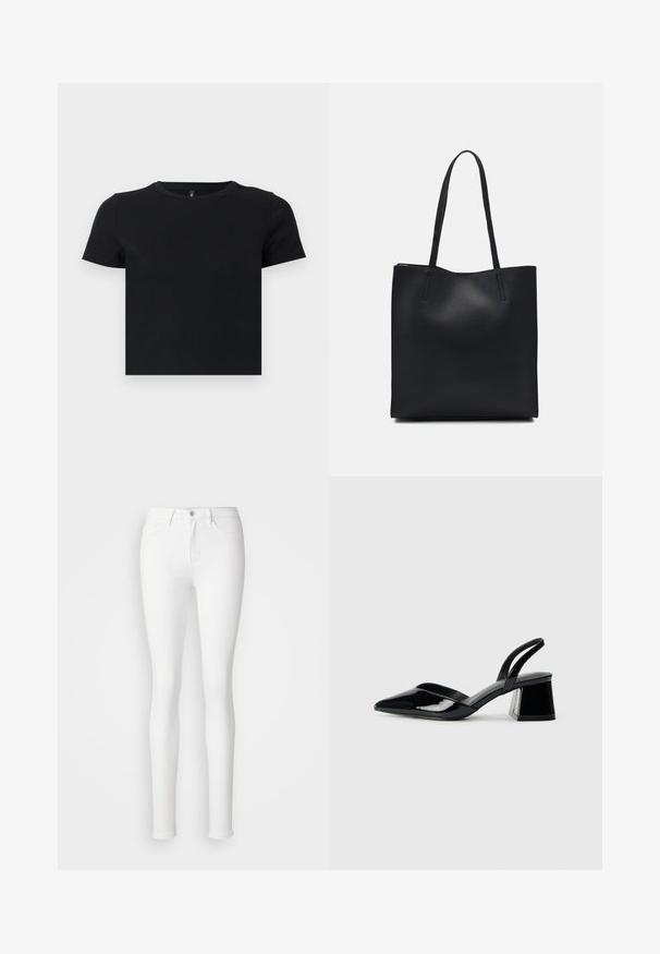 Čierne tričko s krátkym rukávom vyrobené z mäkkého bavlneného materiálu. Má okrúhly výstrih a priliehavý strih. Hladká textúra bez vzorov alebo akcentov.; Biele úzke džínsy vyrobené z elastickej bavlnenej zmesi, s prednými vreckami, zipsom a jedným gombíkom na zapínanie.; Čierne lakované kožené sandálové podpätky s špicatou špičkou a geometrickým blokovým podpätkom. Disponujú elegantným, minimalistickým dizajnom a hladkým povrchom.; Čierna kožená taška na rameno s hladkým povrchom, obdĺžnikovým tvarom a dvoma dlhými uchami. Bez viditeľného kovania alebo ozdôb.