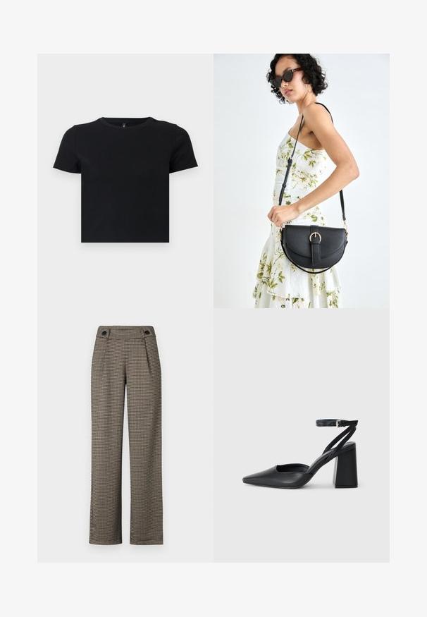 T-shirt noir à manches courtes en coton doux. Avec un col rond et un design ajusté. Texture lisse sans motifs ni détails.; Pantalon à carreaux marron avec taille haute, présentant des plis sur les côtés et des accents de boutons noirs. Fabriqué dans un tissu tissé texturé.; Escarpin noir en cuir à bout pointu avec une bride de cheville et un talon épais. Texture lisse, design élégant et esthétique minimaliste.; Sac à main en cuir noir avec une forme courbée, bandoulière amovible et des accessoires en or. Le sac est doté d'un rabat avec un détail de boucle.